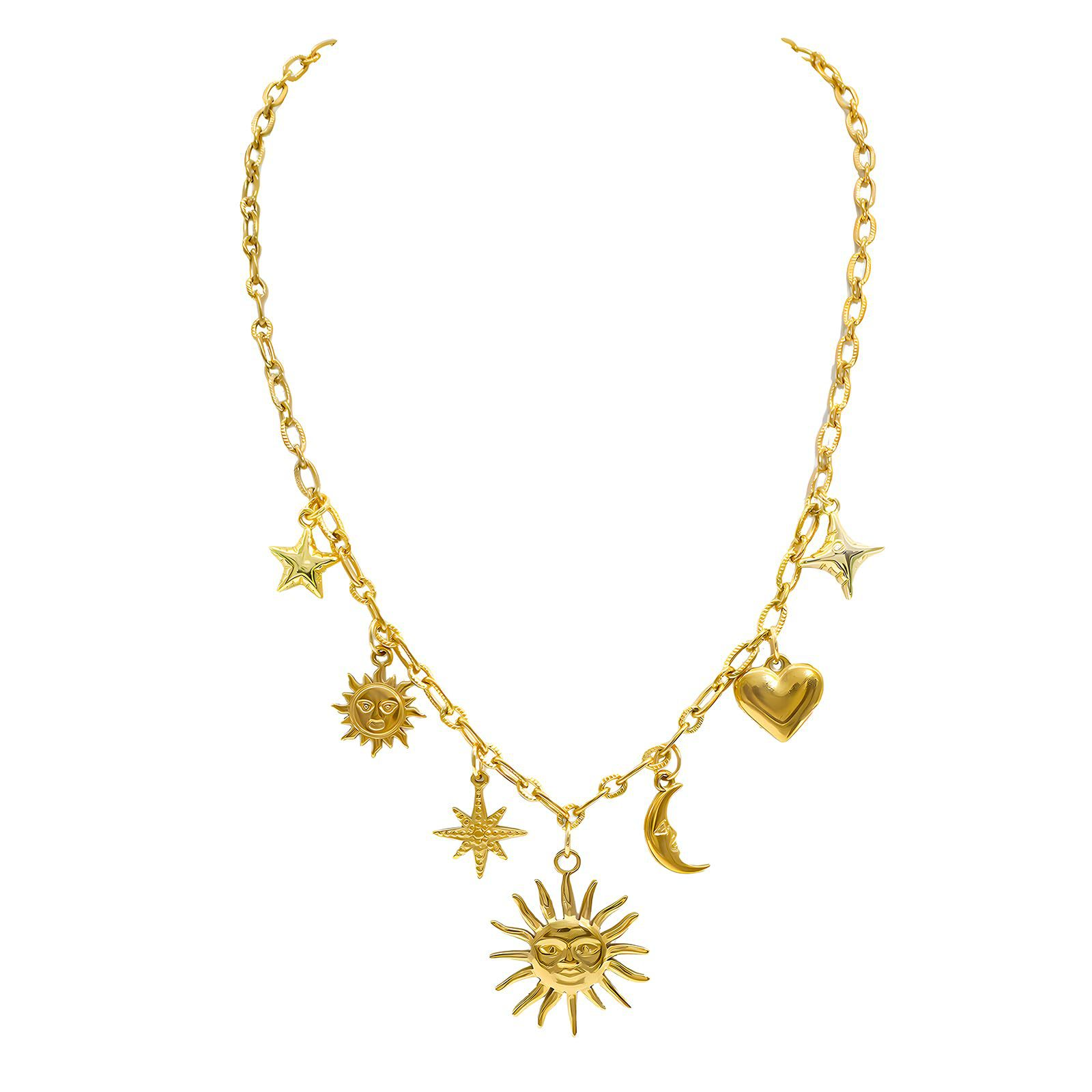 1 piece of golden multi-pendant necklace used for retro style wear, bohemian party Sun Moon star Love necklace for the shape of the retro personality charm of the eye-catching jewelry