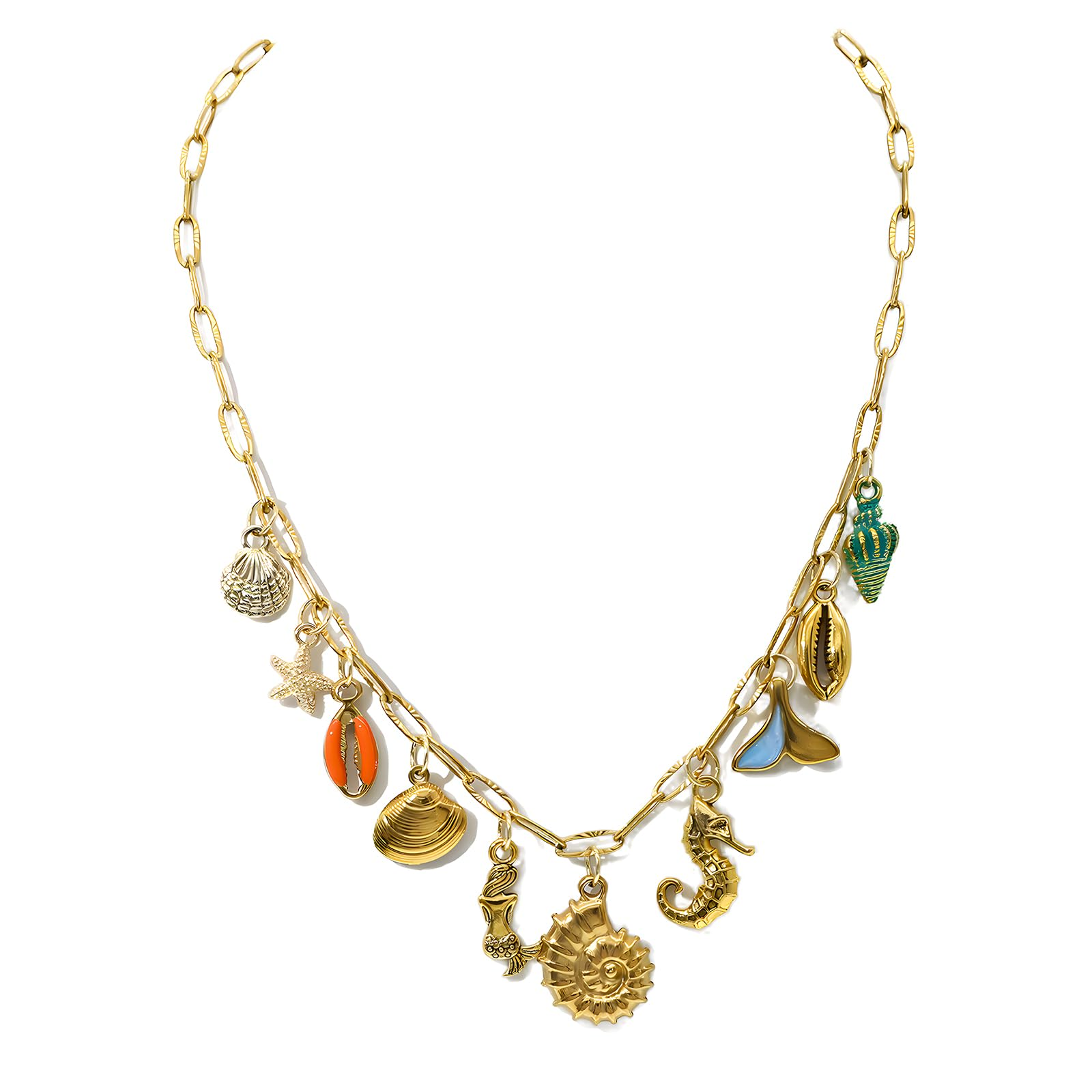 1件金色海洋元素项链  适用于夏日度假风穿搭、海滩造型 贝壳海马多吊饰颈链 为造型注入波西米亚度假韵味的吸睛饰品