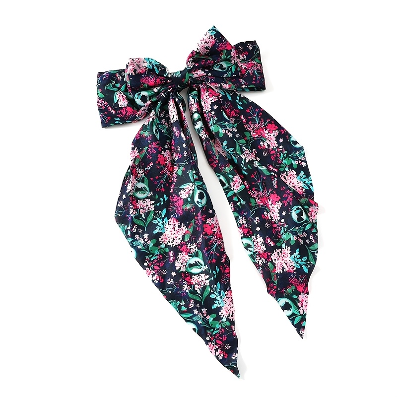 1PC 大号缎面长尾发夹-黑色小碎花女式丝滑缎带发夹