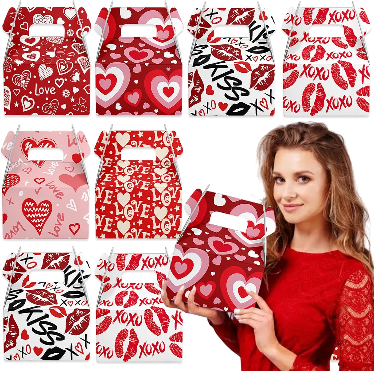 6件情人节主题派对手提礼盒 爱心 LOVE + 吻痕多元素设计 可作伴手礼 场景装饰 为浪漫派对注入甜蜜氛围 让每份回礼都藏满心意