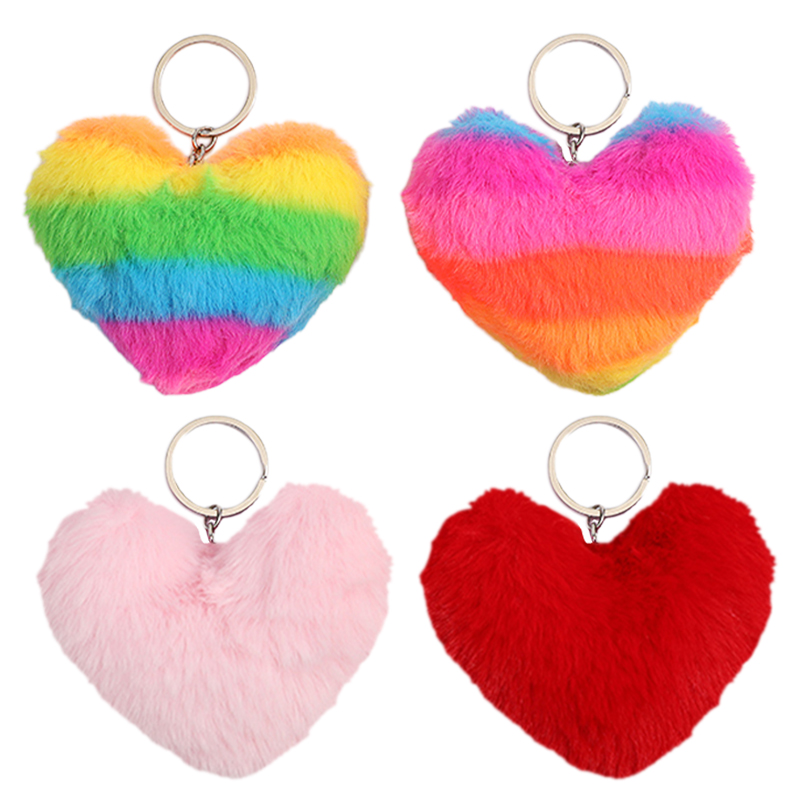 4件1套毛绒爱心钥匙扣 彩虹 / 纯色多款式 用于情侣送礼 日常穿搭柔软亲肤  爱心挂件甜蜜之选