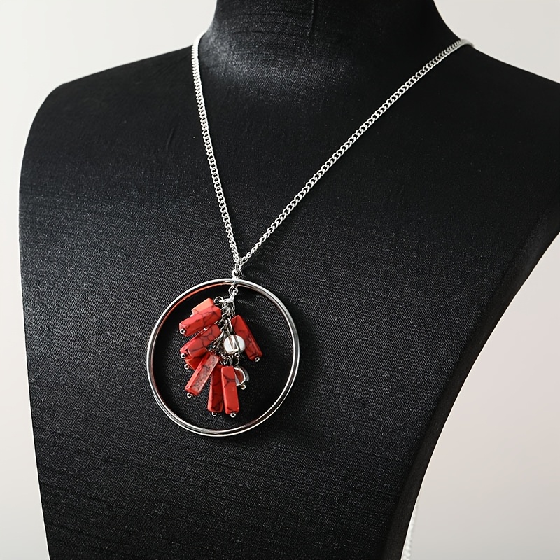 1 piece of niche design ring Redstone necklace suitable for retro style wearing & personalized shape metal texture Redwood tassels easily create eye-catching niche style