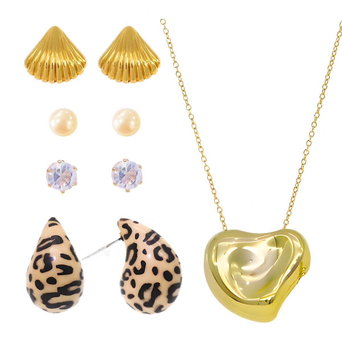 4对耳钉+1条项链为一套多风格首饰套装 适用于日常穿搭 & 风格切换 金属豹纹 / 贝壳星星多款可选 一整套满足多样造型需求