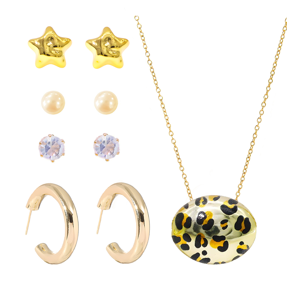 4对耳钉+1条项链为一套多风格首饰套装 适用于日常穿搭 & 风格切换 金属豹纹 / 贝壳星星多款可选 一整套满足多样造型需求