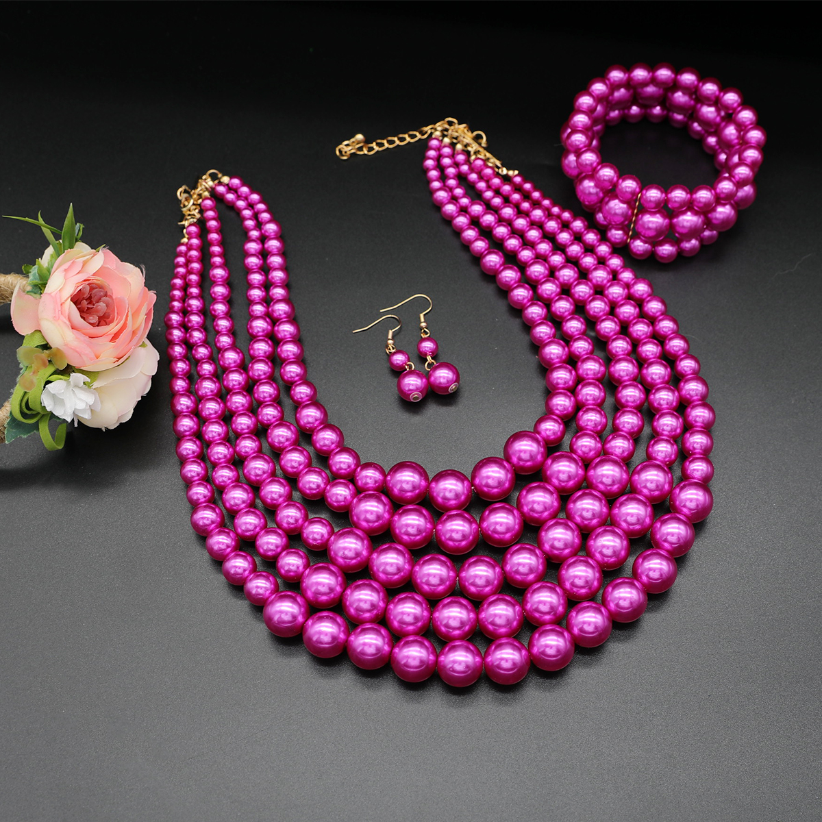 New all-match design beaded necklace bracelet earrings set artificial pearl necklace bracelet earrings jewelry