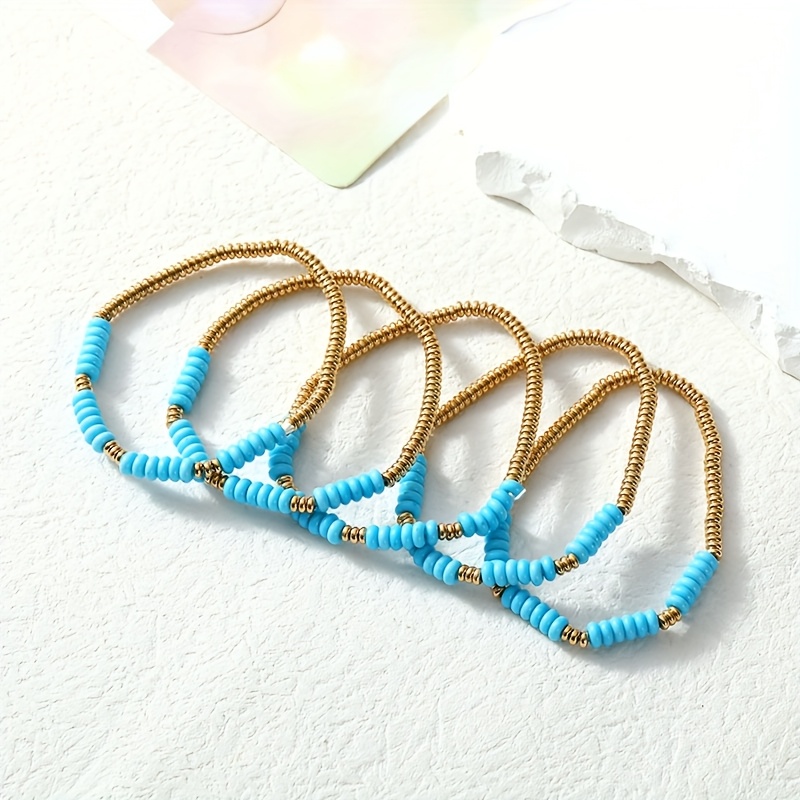 5pcs女士叠戴串珠手链可堆叠珠手链多层高弹性手链蓝色复古手链手镯四季日常佩戴吊饰手链珠子手链套装礼物