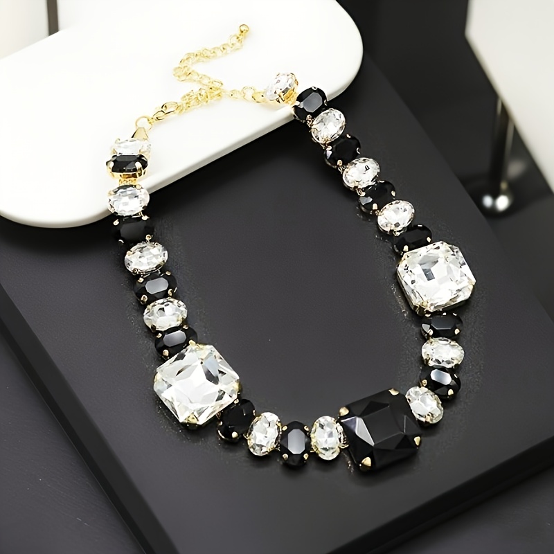 Jewelry Sets For Women - Black Gemstone & Golden-Tone Collar Necklace With Earrings, Adjustable Alloy Fashion Jewelry Set, Bold Statement Necklace For Birthdays/Mother's Day Gift/Everyday Wear