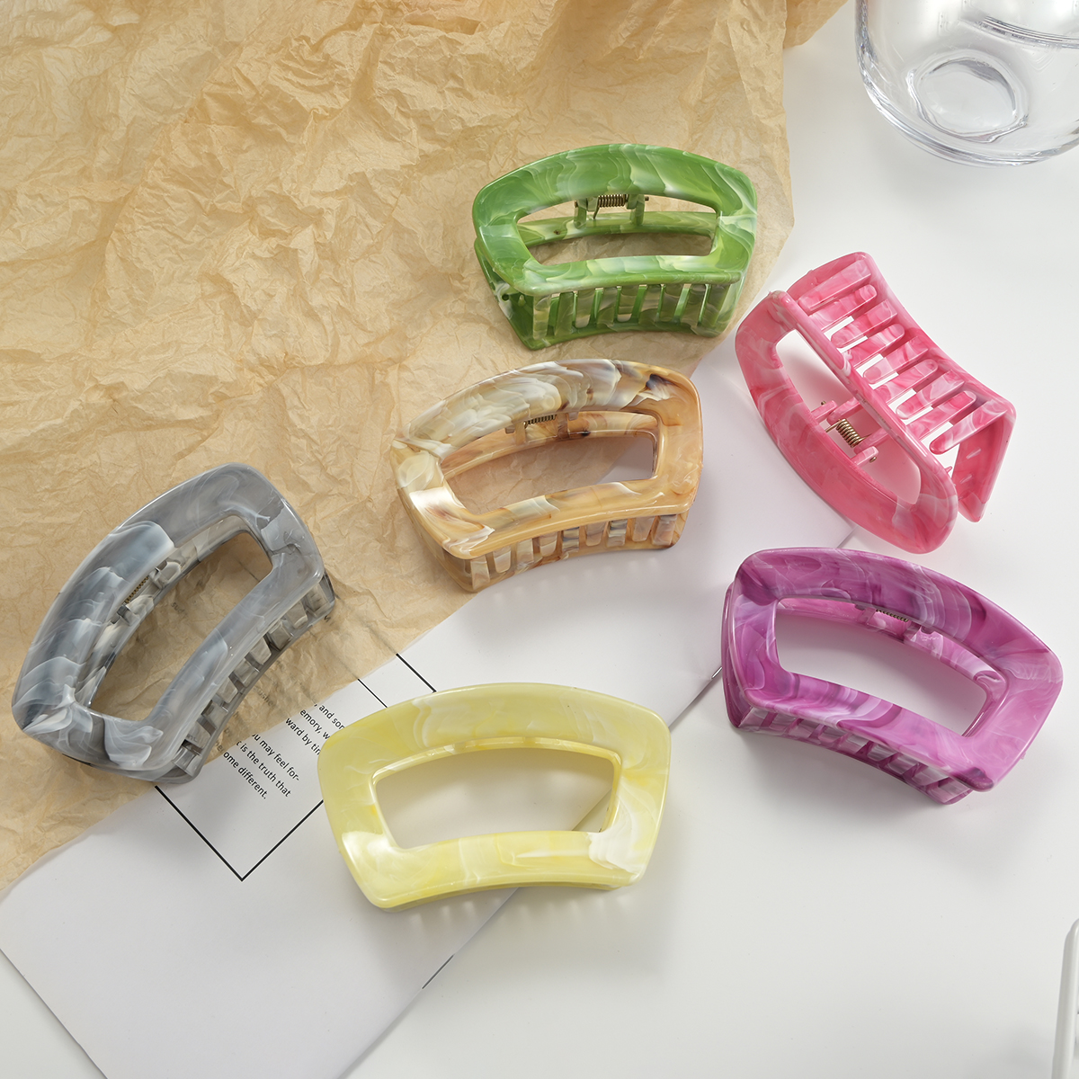 6pcs大理石纹大号方形复古发抓女后脑勺鲨鱼夹盘发洗澡抓夹