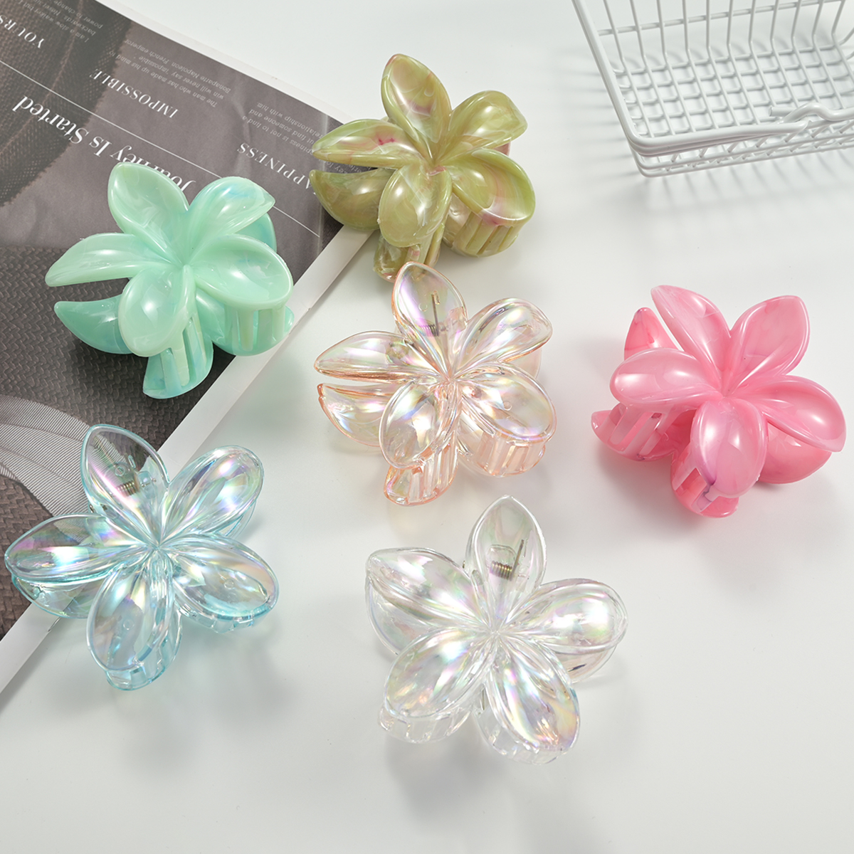 6PCs Korean style marble pattern transparent jelly personalized all-match large egg flower clip holiday style simple flower shark clip