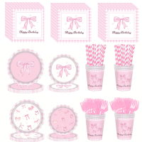 145pcs粉色蝴蝶结派对用品蝴蝶结生日盘餐巾 纸纸杯又蝴蝶结生日装饰女孩单身新娘订婚礼 帽可爱餐具套装可供24位客人使用