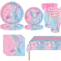 145pcs美人鱼鱼尾生日派对装饰,美人鱼派对用 品包括纸盘、餐巾纸杯桌布吸管和又子套装,海 洋主题装饰餐具套装,适合美人鱼派对聚会装饰