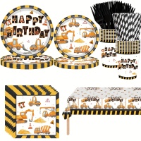 145pcs建筑生日派对装饰自卸卡车纸盘餐巾叉 杯吸管桌布餐具适用于建筑生日快乐派对用品