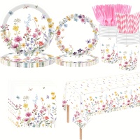 145件野花派对装饰春季花卉，生日装饰包括 盘子、杯子、餐巾、刀又勺餐具野花洗澡茶装 饰餐具 24人份