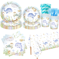 144pcs海底派对用品海洋主题生日派对水下世 界生物装饰海洋动物盘杯餐巾叉