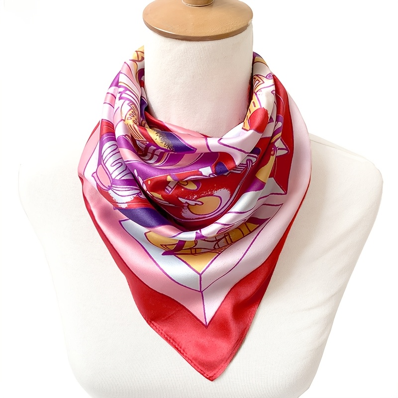 1pc艺术感撞色印花真丝小方巾，适用于职场通勤穿搭提亮、轻奢派对造型点缀、日常配饰风格升级的精致单品