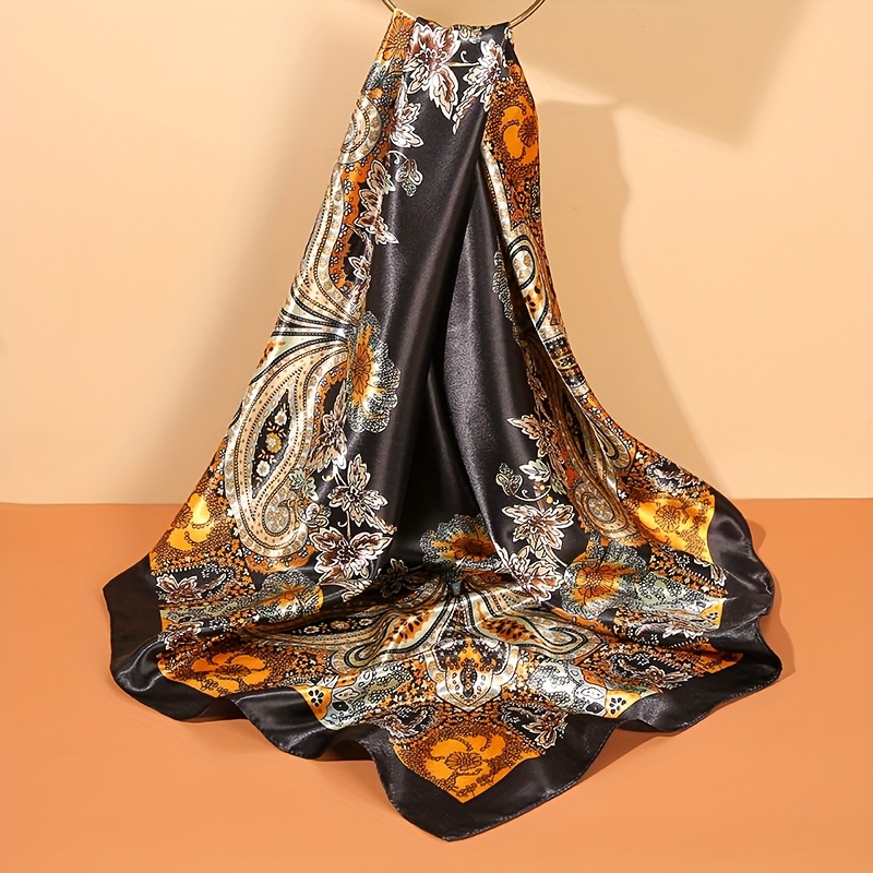 1 women's 35-inch cashew flower pattern satin square scarf silk-like hair towel and scarf-square silk scarf, suitable for wrapping hair and sleeping at night