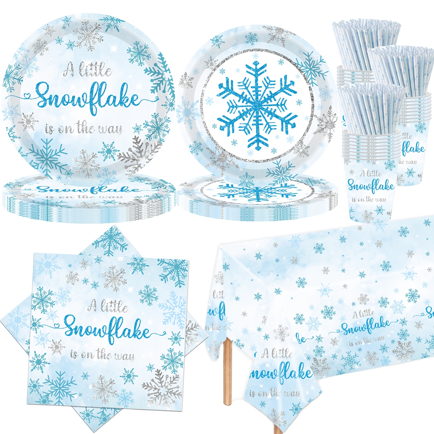 133pcs蓝色雪花主题一次性纸盘桌布纸巾节日生日派对套装装饰布置用品