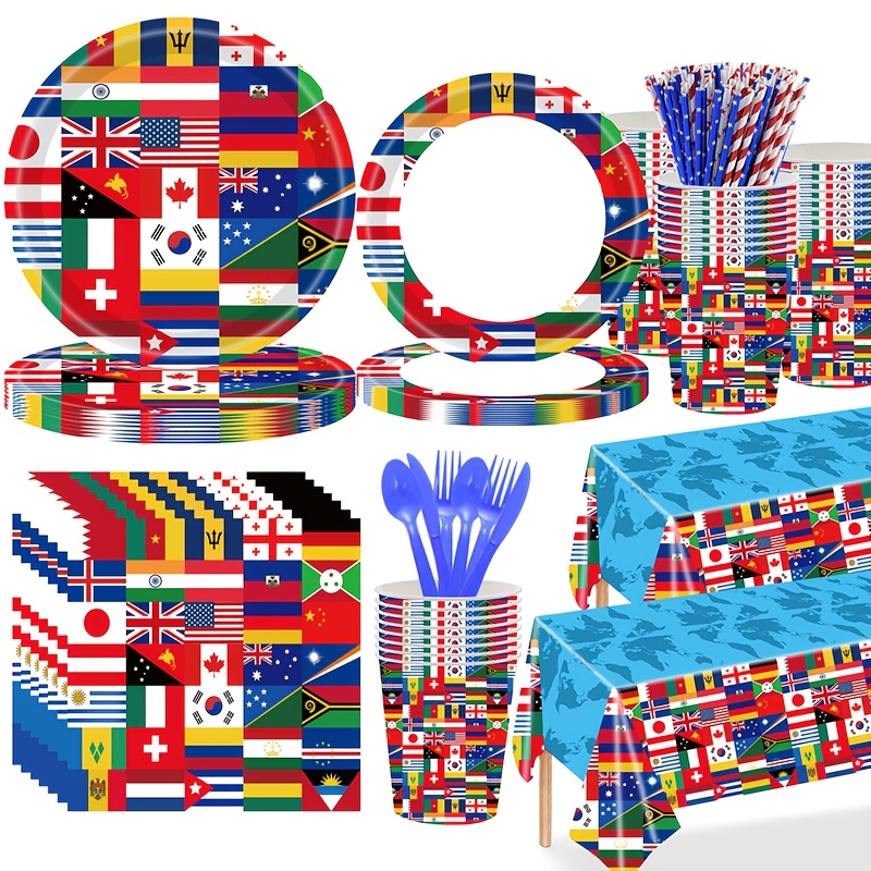 133pcs世界国旗印花派对用品套装，适用于国际主题派对、文化交流活动、多元风格聚会的吸睛布置单品