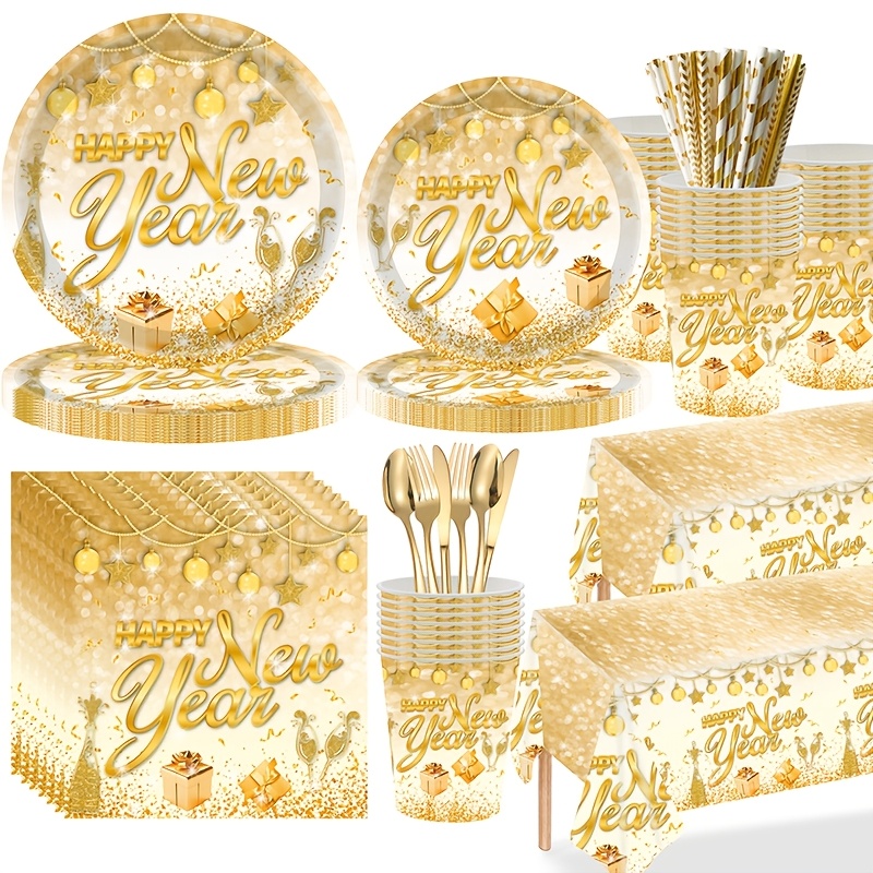133pcs 白金色新年快乐主题一次性纸盘桌布纸巾派对套装装饰布置用品