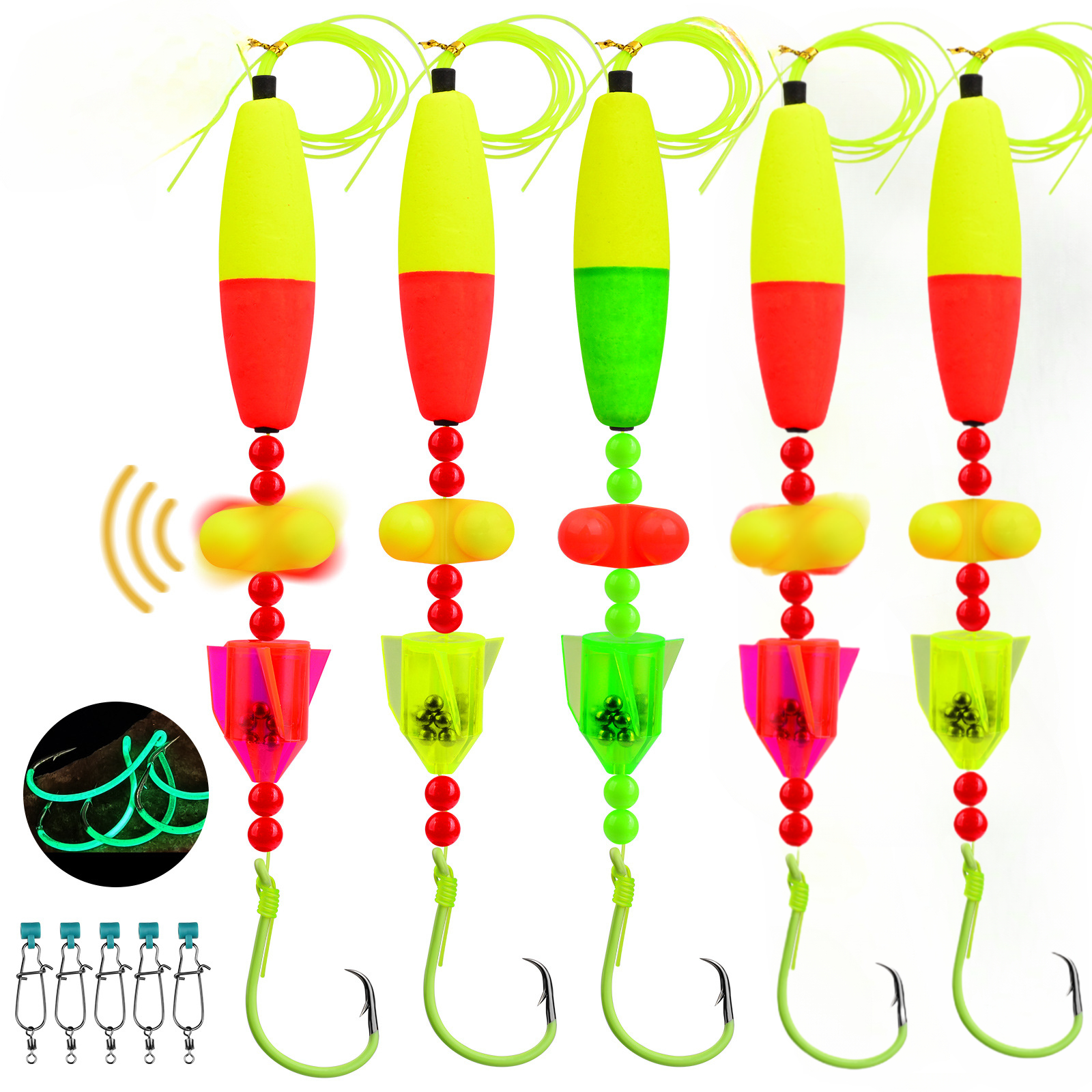 夜光旋转钓鱼钩套装：带响珠 + 荧光设计，灵活调钩距，穿透力强锁鱼牢，钓鱼效率直接拉满！