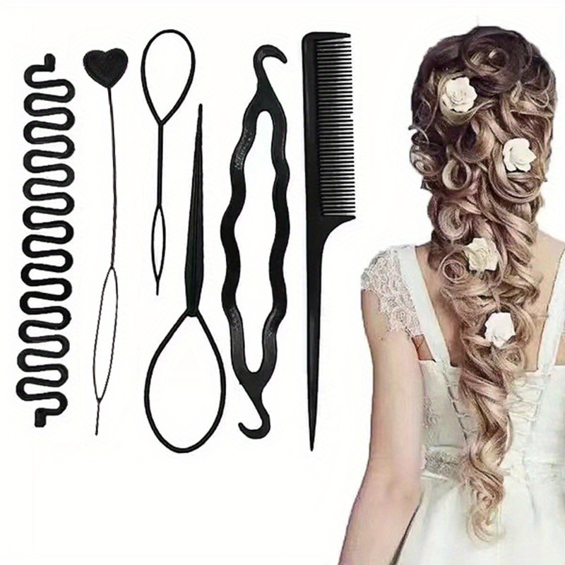 6 件套发型设计工具套装:编发器、格，适合所有发质的发型配饰套件 拉发器、针织工具、梳子、发夹及女士配饰-塑料、休闲风