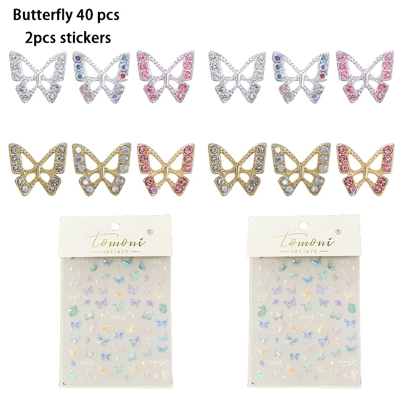 42 pieces of shiny butterfly nail ornaments-3D rhinestone ornaments, butterfly wing streamer stickers advanced flat nail stickers suitable for DIY nail art and decoration, no odor