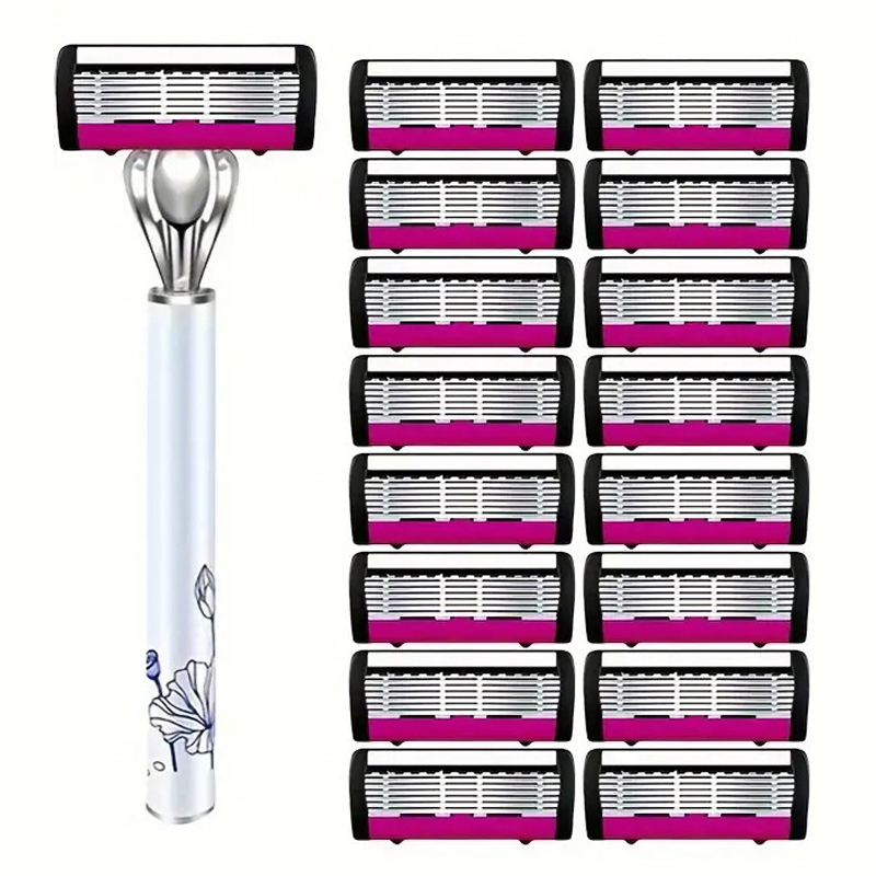 刮毛刀1 把刀柄 + 6 块替换刀片，适用于腋下、腿部等部位。适用于女性的美容用品。