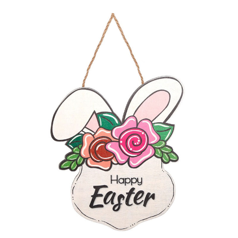 一件以复活节为主题的兔子装饰木牌，童趣木质复活节兔子花朵挂件 营造温馨节日仪式感