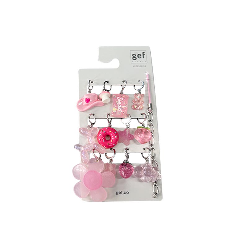 A set of 12 pieces of cute pink cartoon accessories, including mobile phone chain, key chain accessories, and a DIY sweet strawberry hat bear ornament.