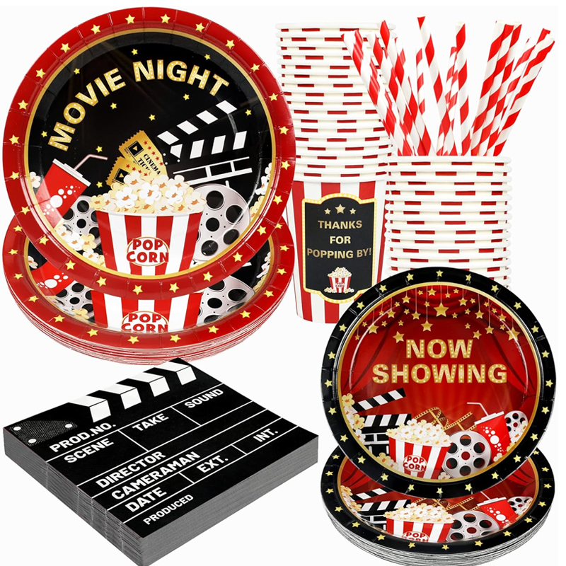 电影之夜派对用品装饰，电影主题生日纸盘和餐巾套装，含杯子和吸管，适用于24位客人，120件一次性派对零食餐具
