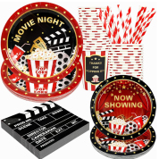 电影之夜派对用品装饰，电影主题生日纸盘和餐巾套装，含杯子和吸管，适用于24位客人，120件一次性派对零食餐具