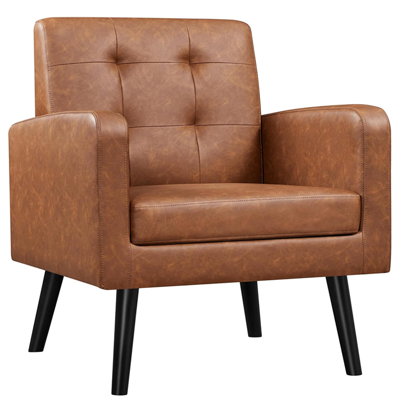 Medieval style decorative chair, PU leather modern soft bag living room chair, comfortable armchair, Button pleated backrest and wooden legs, suitable for bedroom/office/cafe, retro Brown