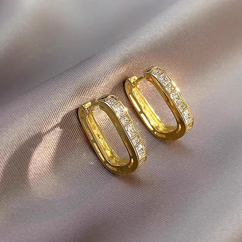 French retro rectangular earring full zircon commuting all-match earring advanced earring