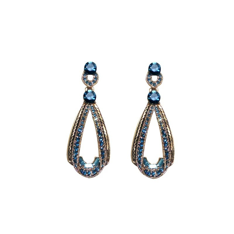 Retro old blue diamond drop earrings Women's Light luxury bronze hollow-out earrings niche design earrings
