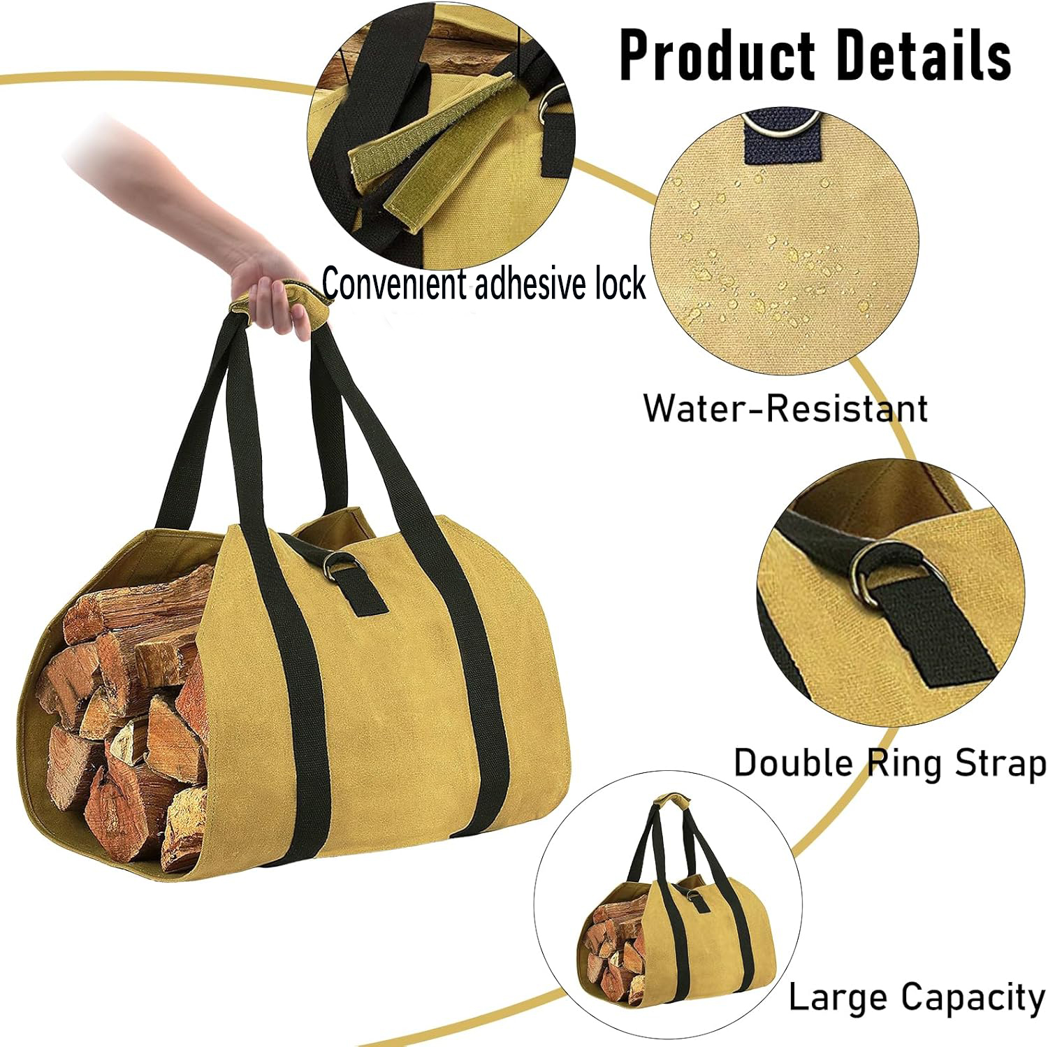 1件耐用的帆布木柴袋，带有把手适合室内壁炉和户外露营使用