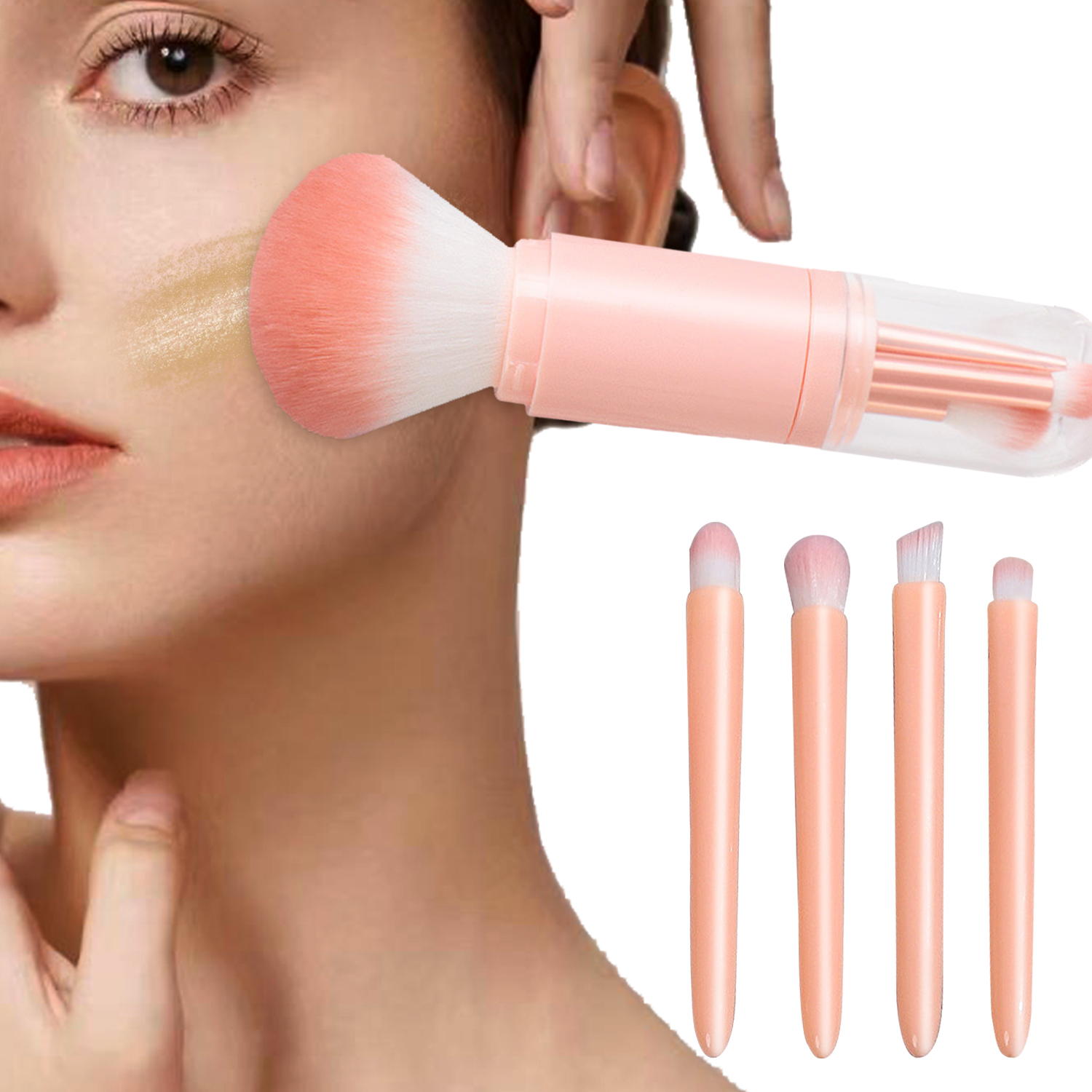 四合一便携旅行唇刷、高光刷、眼影刷、粉底和腮红混合刷、带可伸缩设计的迷你面部化妆刷套装