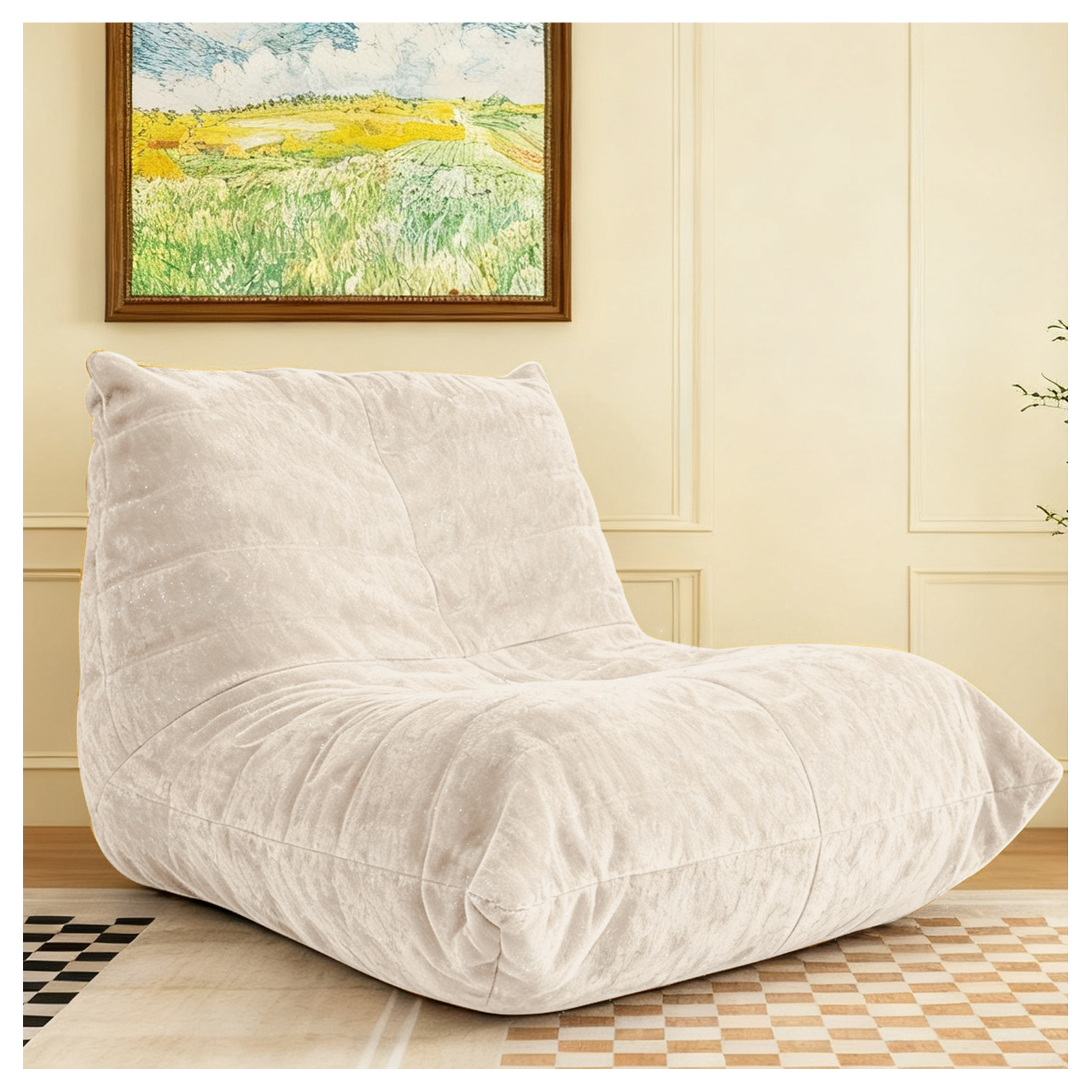 Luxury silver silk chenille bean bag lazy sofa-neck, waist and hip support, antifouling and easy cleaning, non-slip design, suitable for families/children/pets, multi-scene