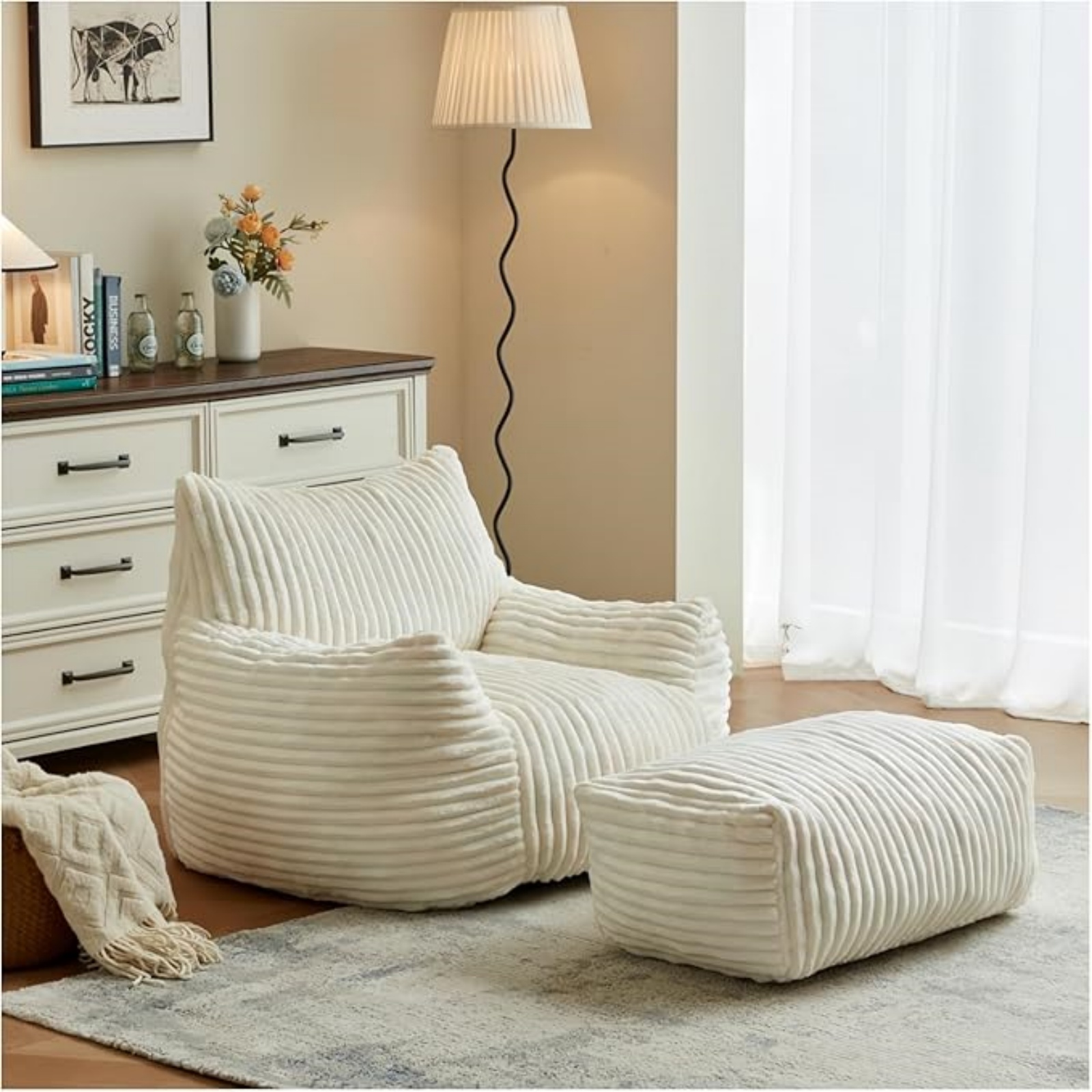 Black Corduroy Bean Bag Chair with Ottoman, Ergonomic Single Lazy Sofa with High Density Foam & Large Armrests, Comfortable Padded Backrest for Living Room Bedroom