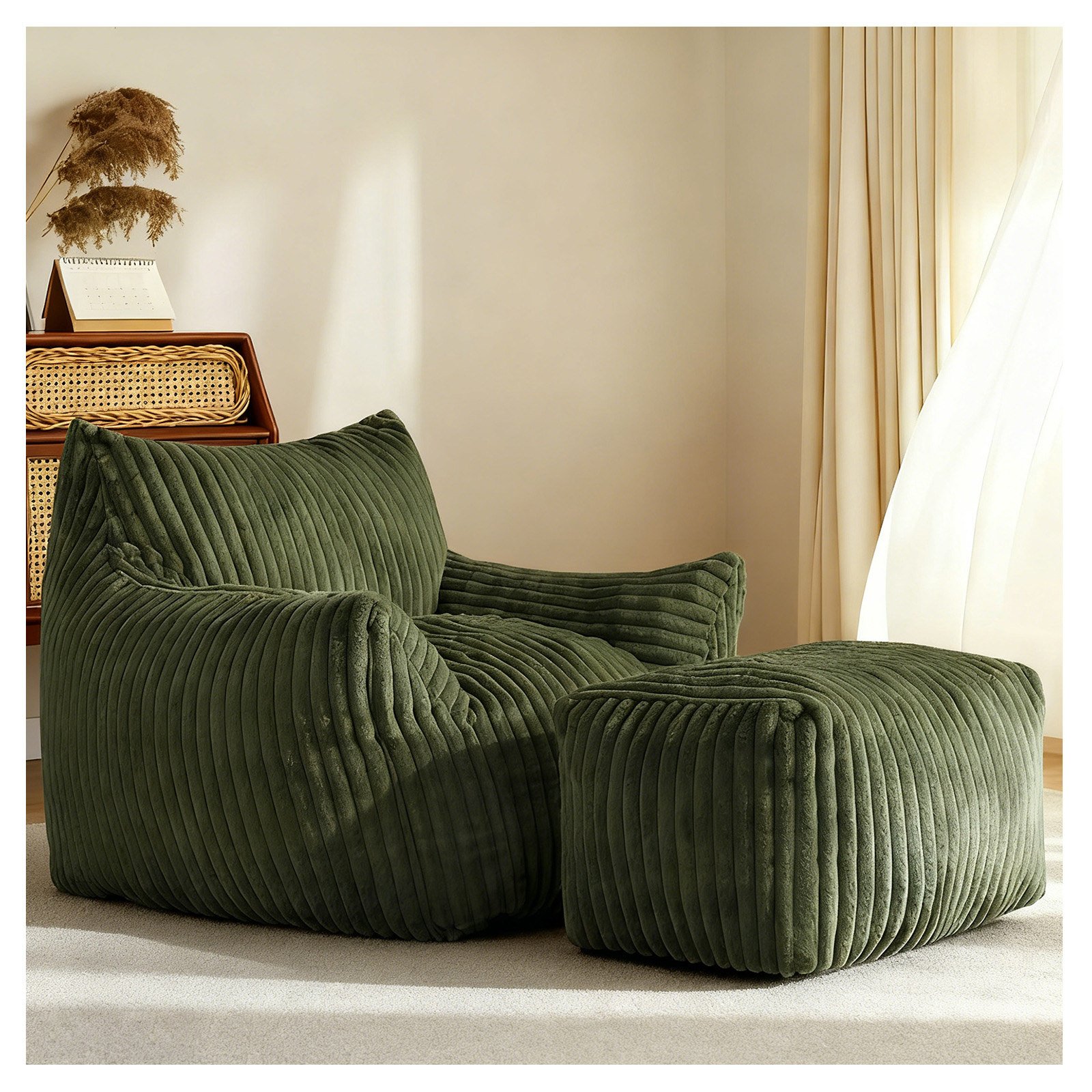 Black Corduroy Bean Bag Chair with Ottoman, Ergonomic Single Lazy Sofa with High Density Foam & Large Armrests, Comfortable Padded Backrest for Living Room Bedroom