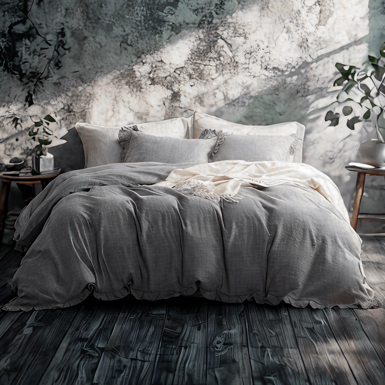 3-Piece Linen Duvet Cover Set Solid Color with Elegant Ruffles Design, Breathable and Soft, Grey