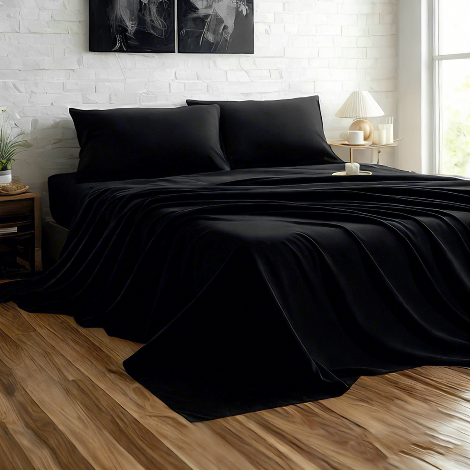 刺绣超细纤维双人床单套装，超柔软舒适，抗皱、防褪色、防污渍，深口袋床笠，黑色