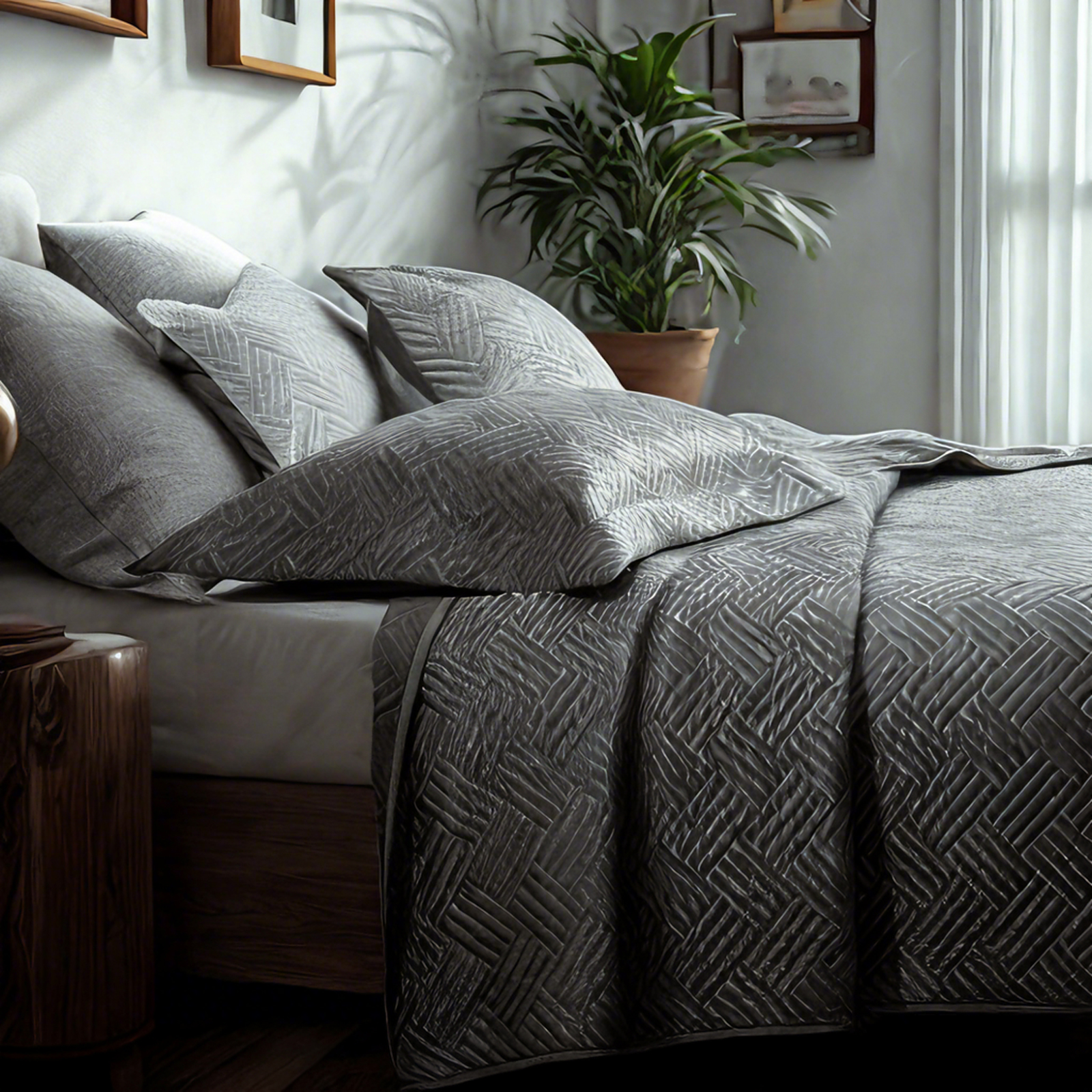 带几何图案的豪华如丝绸般色丁床盖套件，四季皆宜的绗缝床盖套件（床盖，枕套），灰色