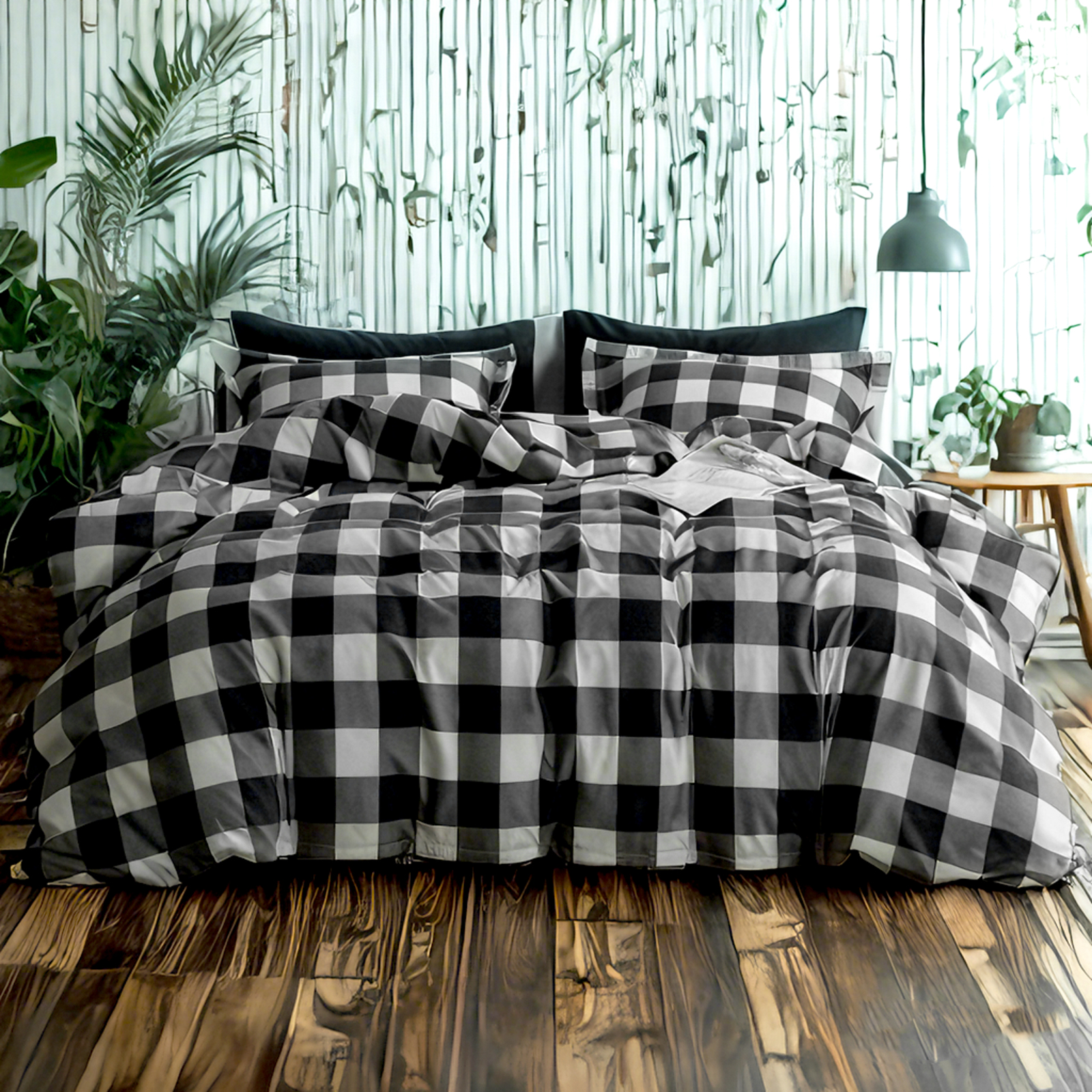 超细纤维床上用品，格子图案，柔软抗皱，易于打理，黑色