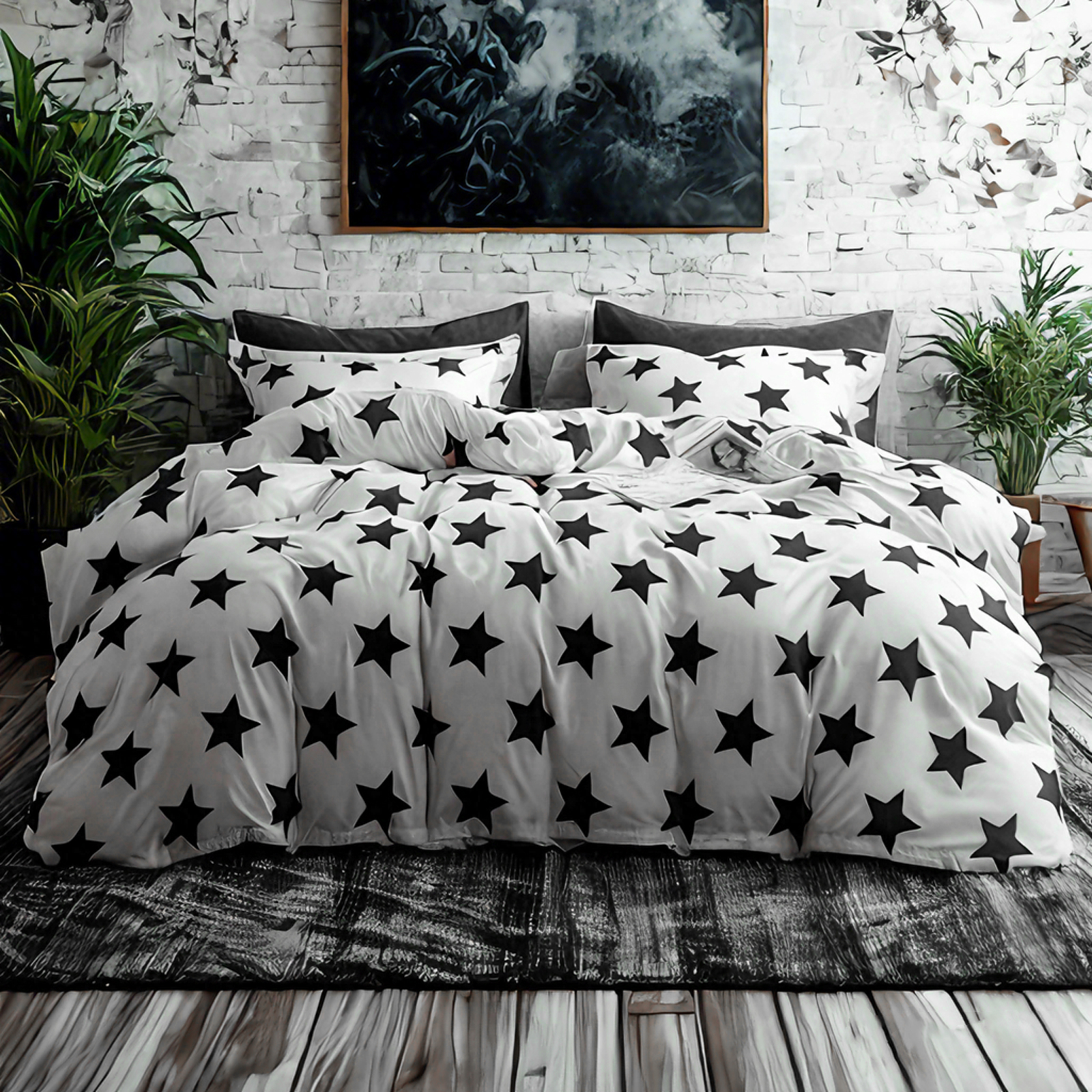 超细纤维床上用品，星星图案，柔软抗皱，易于打理，黑色