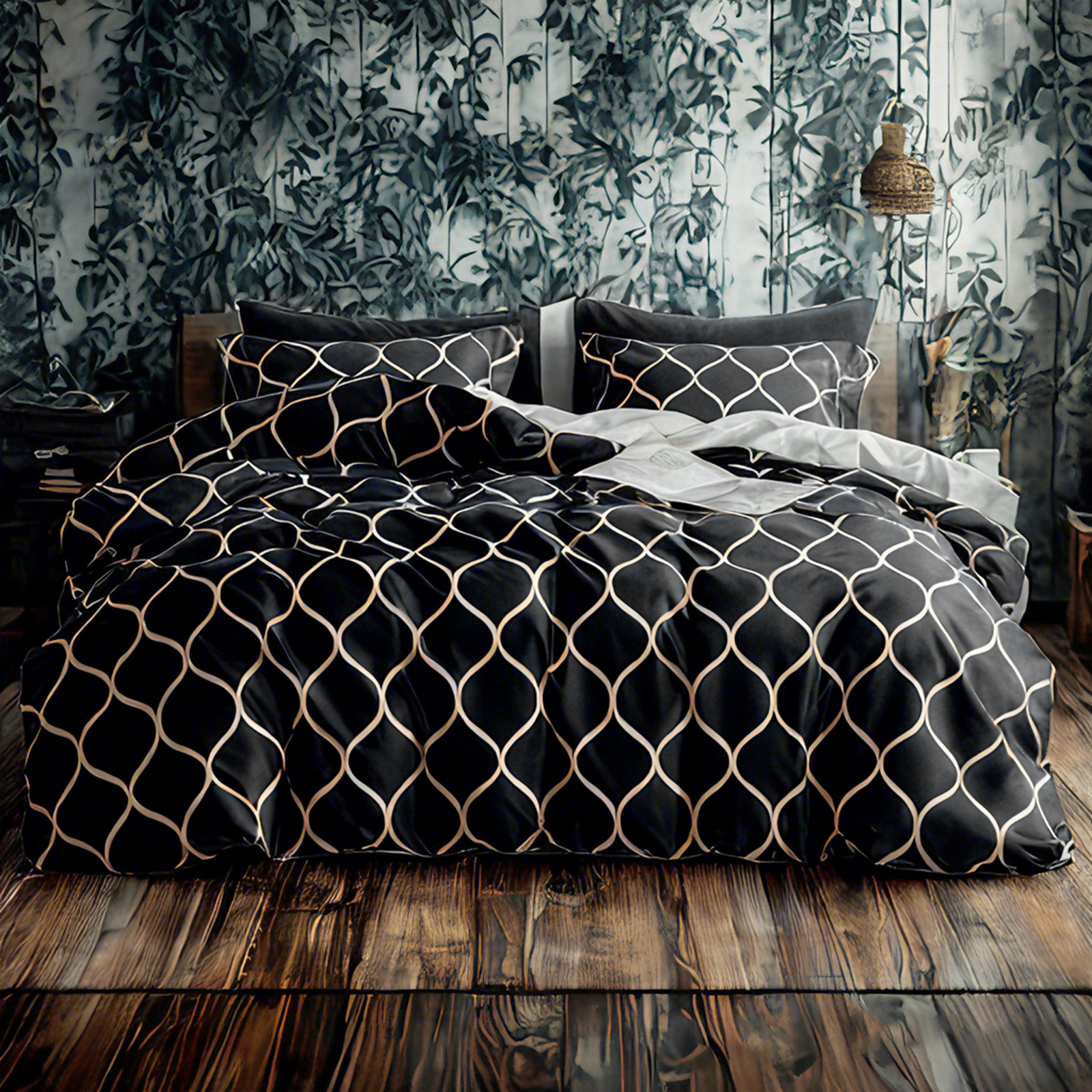 超细纤维床上用品，曲线图案，柔软抗皱，易于打理，黑色