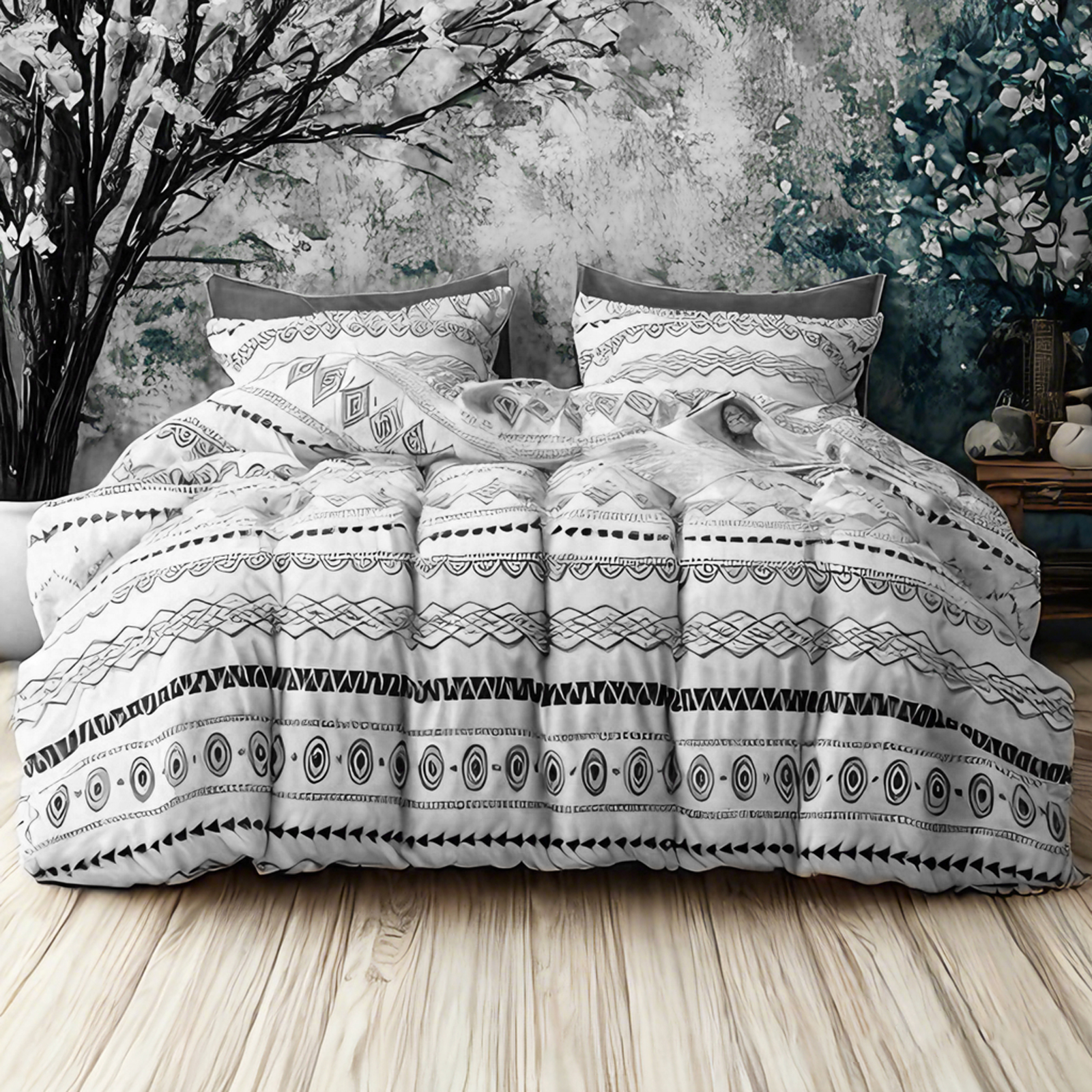 超细纤维床上用品，波西米亚图案，柔软抗皱，易于打理，白色