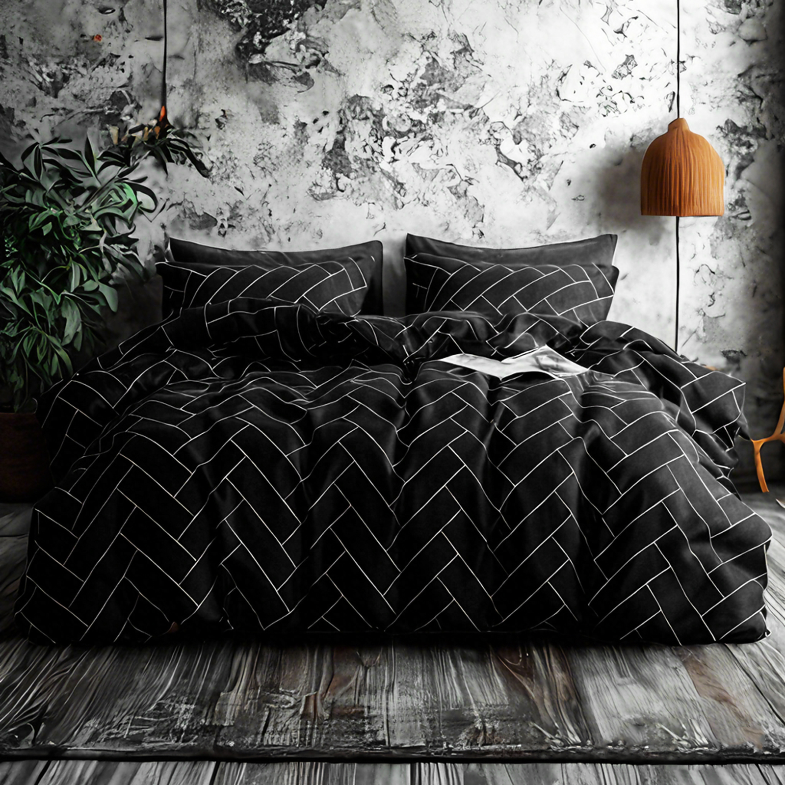 超细纤维床上用品，砖头图案，柔软抗皱，易于打理，黑色