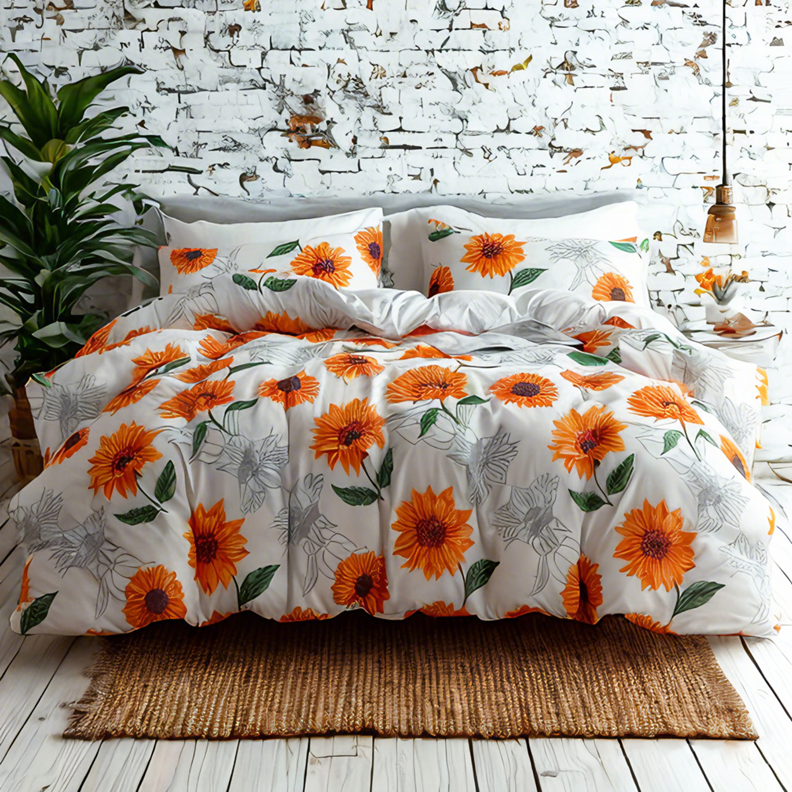 超细纤维床上用品，向日葵图案，柔软抗皱，易于打理，白色