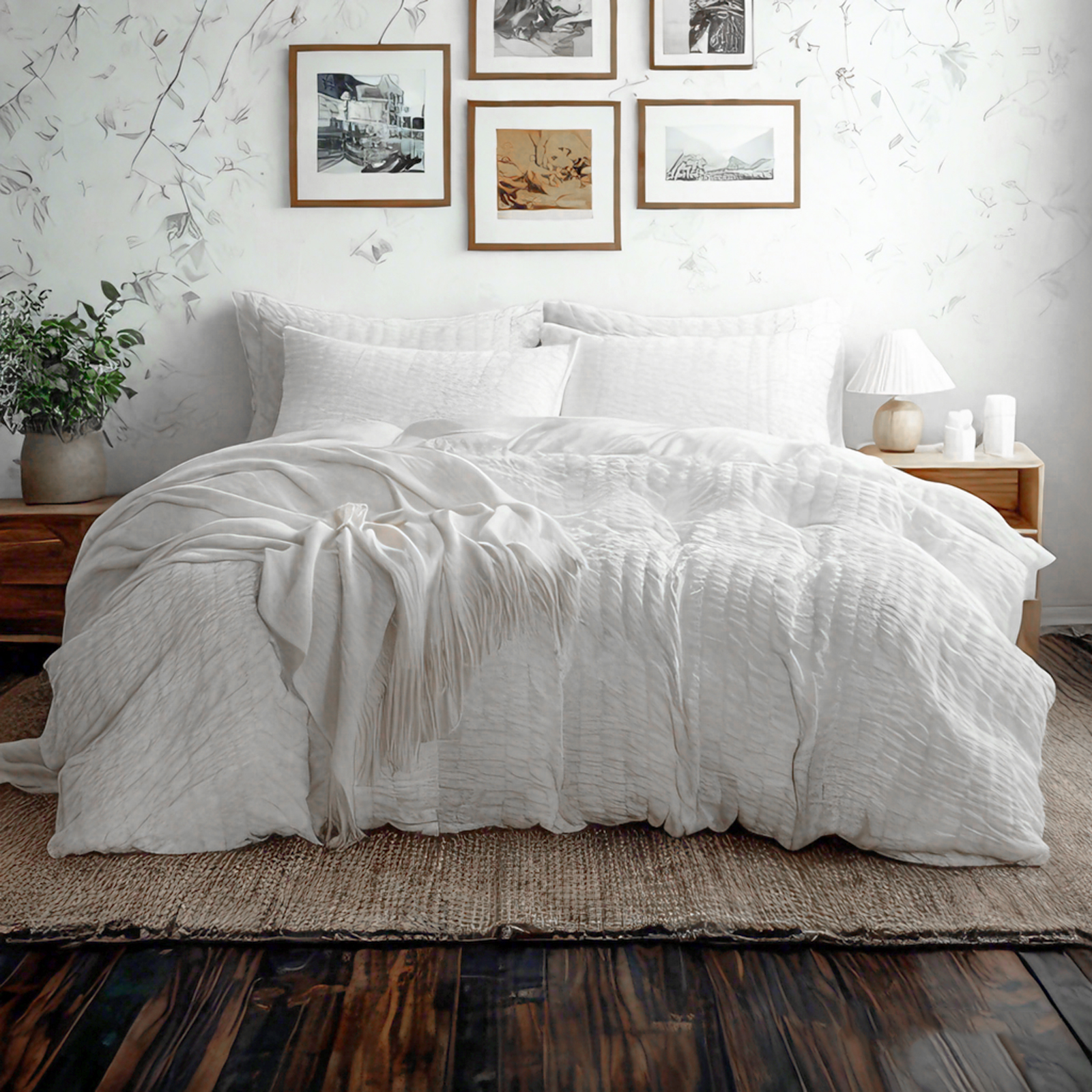 泡泡纱纹理床上用品，奢华柔软，经久耐用，白色