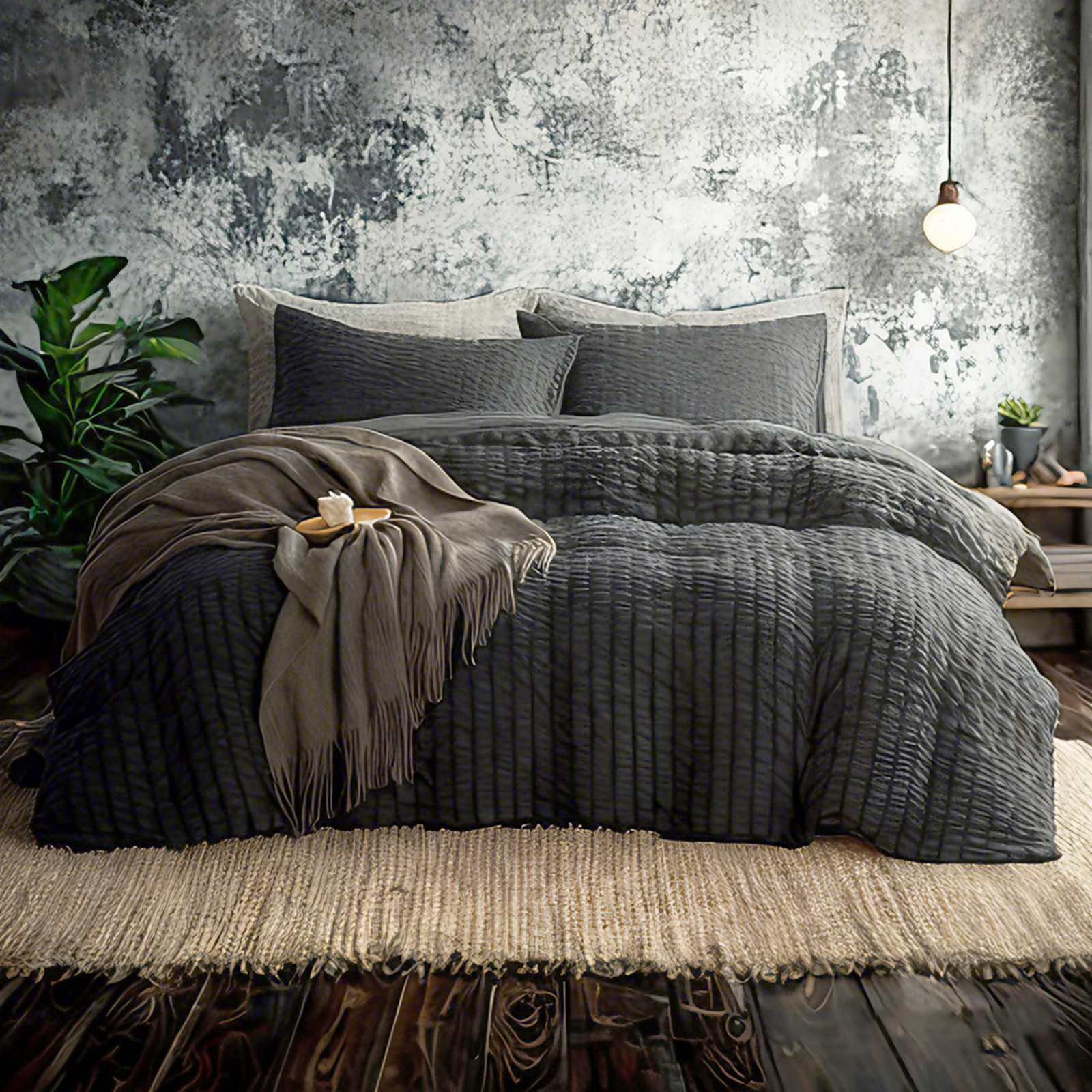 泡泡纱纹理床上用品，奢华柔软，经久耐用，深灰
